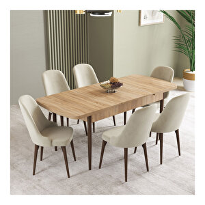 İkon Meşe Desen 80x132 Mdf Açılabilir Mutfak Masası Takımı 6 Adet Sandalye