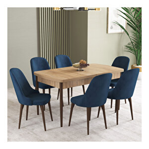 İkon Meşe Desen 80x132 Mdf Açılabilir Mutfak Masası Takımı 6 Adet Sandalye Lacivert
