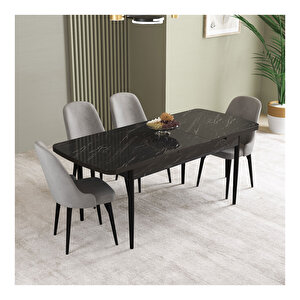İkon Siyah Mermer Desen 80x132 Mdf Açılabilir Mutfak Masası Takımı 4 Adet Sandalye