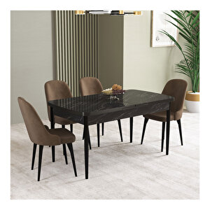 İkon Siyah Mermer Desen 80x132 Mdf Açılabilir Mutfak Masası Takımı 4 Adet Sandalye Kahve