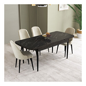 İkon Siyah Mermer Desen 80x132 Mdf Açılabilir Mutfak Masası Takımı 4 Adet Sandalye Krem