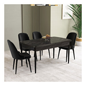 İkon Siyah Mermer Desen 80x132 Mdf Açılabilir Mutfak Masası Takımı 4 Adet Sandalye Siyah