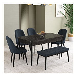 İkon Siyah Mermer Desen 80x132 Mdf Açılabilir Mutfak Masası Takımı 4 Sandalye, 1 Bench Antrasit