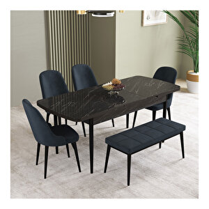 İkon Siyah Mermer Desen 80x132 Mdf Açılabilir Mutfak Masası Takımı 4 Sandalye, 1 Bench