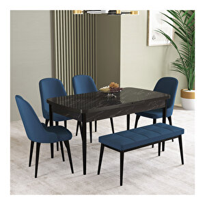 İkon Siyah Mermer Desen 80x132 Mdf Açılabilir Mutfak Masası Takımı 4 Sandalye, 1 Bench Lacivert
