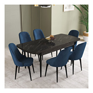 İkon Siyah Mermer Desen 80x132 Mdf Açılabilir Mutfak Masası Takımı 6 Adet Sandalye Lacivert