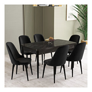 İkon Siyah Mermer Desen 80x132 Mdf Açılabilir Mutfak Masası Takımı 6 Adet Sandalye Siyah