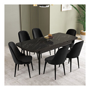 İkon Siyah Mermer Desen 80x132 Mdf Açılabilir Mutfak Masası Takımı 6 Adet Sandalye
