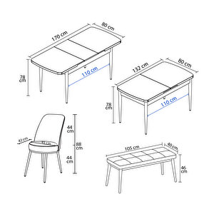 Fiona Beyaz Mermer Desen 80x132 Mdf Açılabilir Mutfak Masası Takımı 4 Sandalye, 1 Bench