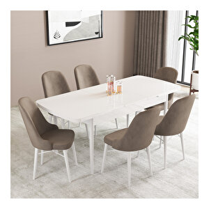 Ella Beyaz 80x132 Mdf Açılabilir Mutfak Masası Takımı 6 Adet Sandalye Cappucino