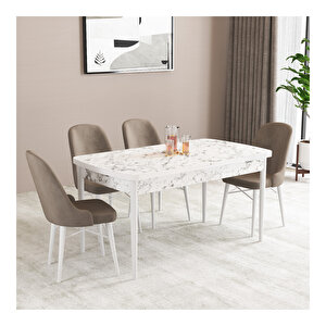 Ella Beyaz Mermer Desen 80x132 Mdf Açılabilir Mutfak Masası Takımı 4 Adet Sandalye Cappucino