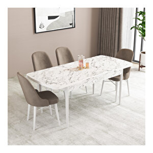 Ella Beyaz Mermer Desen 80x132 Mdf Açılabilir Mutfak Masası Takımı 4 Adet Sandalye Cappucino