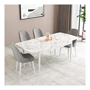 Ella Beyaz Mermer Desen 80x132 Mdf Açılabilir Mutfak Masası Takımı 4 Adet Sandalye Gri