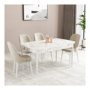 Ella Beyaz Mermer Desen 80x132 Mdf Açılabilir Mutfak Masası Takımı 4 Adet Sandalye Krem