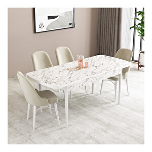 Ella Beyaz Mermer Desen 80x132 Mdf Açılabilir Mutfak Masası Takımı 4 Adet Sandalye Krem