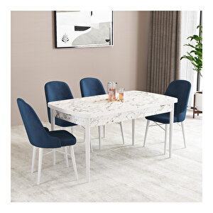 Ella Beyaz Mermer Desen 80x132 Mdf Açılabilir Mutfak Masası Takımı 4 Adet Sandalye Lacivert