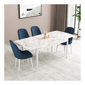 Ella Beyaz Mermer Desen 80x132 Mdf Açılabilir Mutfak Masası Takımı 4 Adet Sandalye Lacivert