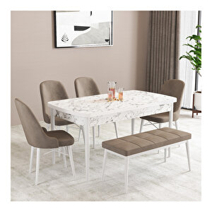 Ella Beyaz Mermer Desen 80x132 Mdf Açılabilir Mutfak Masası Takımı 4 Sandalye, 1 Bench Cappucino
