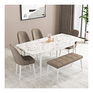 Ella Beyaz Mermer Desen 80x132 Mdf Açılabilir Mutfak Masası Takımı 4 Sandalye, 1 Bench Cappucino