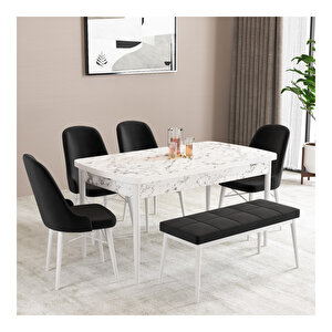Ella Beyaz Mermer Desen 80x132 Mdf Açılabilir Mutfak Masası Takımı 4 Sandalye, 1 Bench Siyah