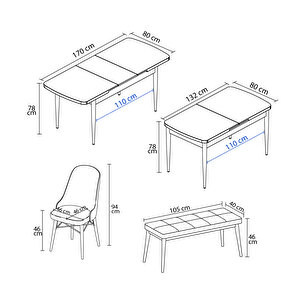 Ella Beyaz Mermer Desen 80x132 Mdf Açılabilir Mutfak Masası Takımı 4 Sandalye, 1 Bench