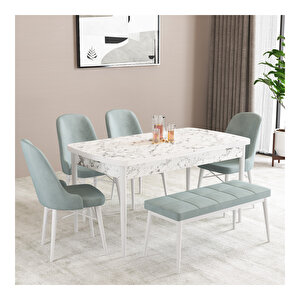 Ella Beyaz Mermer Desen 80x132 Mdf Açılabilir Mutfak Masası Takımı 4 Sandalye, 1 Bench Su Yeşili