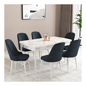 Ella Beyaz Mermer Desen 80x132 Mdf Açılabilir Mutfak Masası Takımı 6 Adet Sandalye Antrasit
