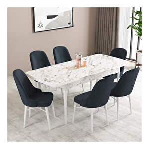 Ella Beyaz Mermer Desen 80x132 Mdf Açılabilir Mutfak Masası Takımı 6 Adet Sandalye Antrasit