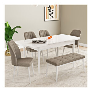 Laris Beyaz 80x132 Mdf Açılabilir Mutfak Masası Takımı 4 Sandalye, 1 Bench Cappucino