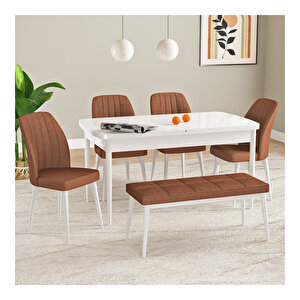 Laris Beyaz 80x132 Mdf Açılabilir Mutfak Masası Takımı 4 Sandalye, 1 Bench Kiremit