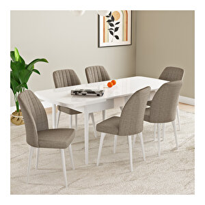 Laris Beyaz 80x132 Mdf Açılabilir Mutfak Masası Takımı 6 Adet Sandalye Cappucino
