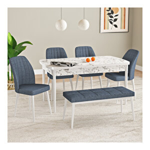 Laris Beyaz Mermer Desen 80x132 Mdf Açılabilir Mutfak Masası Takımı 4 Sandalye, 1 Bench Antrasit