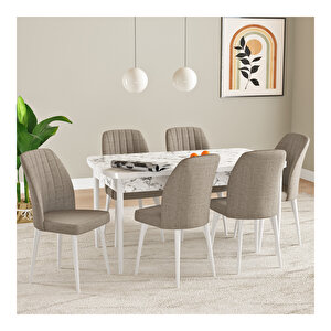 Laris Beyaz Mermer Desen 80x132 Mdf Açılabilir Mutfak Masası Takımı 6 Adet Sandalye Cappucino