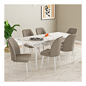 Laris Beyaz Mermer Desen 80x132 Mdf Açılabilir Mutfak Masası Takımı 6 Adet Sandalye Cappucino