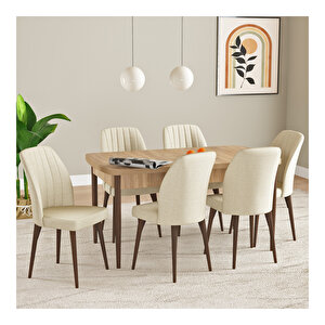Laris Meşe Desen 80x132 Mdf Açılabilir Mutfak Masası Takımı 6 Adet Sandalye Krem