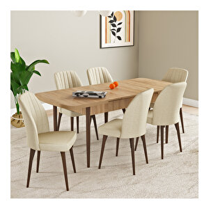 Laris Meşe Desen 80x132 Mdf Açılabilir Mutfak Masası Takımı 6 Adet Sandalye Krem
