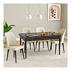 Laris Siyah Mermer Desen 80x132 Mdf Açılabilir Mutfak Masası Takımı 4 Adet Sandalye Krem
