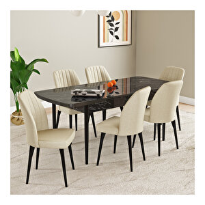 Laris Siyah Mermer Desen 80x132 Mdf Açılabilir Mutfak Masası Takımı 6 Adet Sandalye Krem