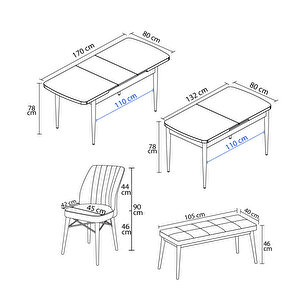 Vien Barok Desen 80x132 Mdf Açılabilir Mutfak Masası Takımı 4 Sandalye, 1 Bench