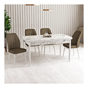 Vien Beyaz Mermer Desen 80x132 Mdf Açılabilir Mutfak Masası Takımı 4 Adet Sandalye Kahve