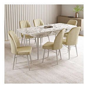 Vien Beyaz Mermer Desen 80x132 Mdf Açılabilir Mutfak Masası Takımı 6 Adet Sandalye Krem