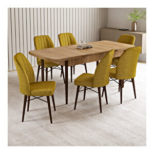 Vien Meşe Desen 80x132 Mdf Açılabilir Mutfak Masası Takımı 6 Adet Sandalye Hardal