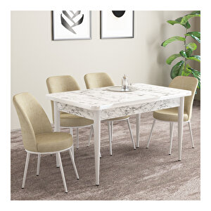 Life Beyaz Mermer Desen 70x110 Sabit Mdf  Mutfak Masası Takımı 4 Adet Sandalye Krem