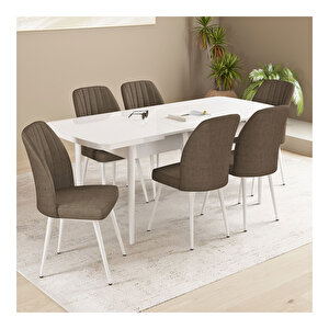 Daisy Beyaz 70x114 Mdf Açılabilir Mutfak Masası Takımı 6 Adet Sandalye Kahve