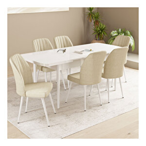 Daisy Beyaz 70x114 Mdf Açılabilir Mutfak Masası Takımı 6 Adet Sandalye Krem