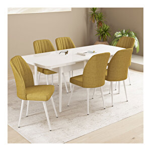 Daisy Beyaz 70x114 Mdf Açılabilir Mutfak Masası Takımı 6 Adet Sandalye Hardal