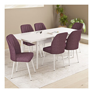 Daisy Beyaz 70x114 Mdf Açılabilir Mutfak Masası Takımı 6 Adet Sandalye Gül Kurusu