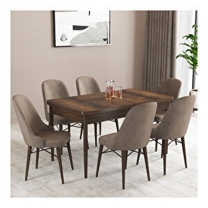 Ella Barok Desen 80x132 Mdf Açılabilir Mutfak Masası Takımı 6 Adet Sandalye Cappucino