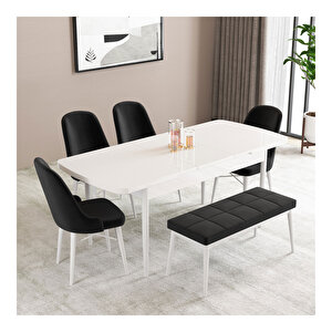 Ella Beyaz 80x132 Mdf Açılabilir Mutfak Masası Takımı 4 Sandalye, 1 Bench Siyah