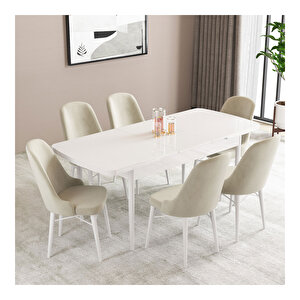 Ella Beyaz 80x132 Mdf Açılabilir Mutfak Masası Takımı 6 Adet Sandalye Krem